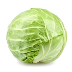 A close-up studio shot of a whole, fresh cabbage on a stark white backdrop. The crisp green leaves are tightly packed