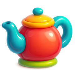 Vibrant 3D Rendered Teapot Icon: A Modern, Glossy Design with Bright Red Body, Yellow Lid, Teal Spout & Handle, and Green Base &ndash; Perfect for Digital Art, Whimsical Kitchen Decor, or Playful UI Element