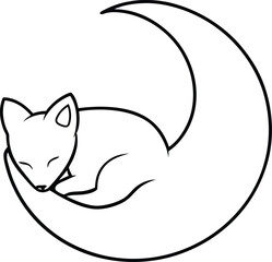 sleeping fox curled inside moon line drawing illustration on transparent background