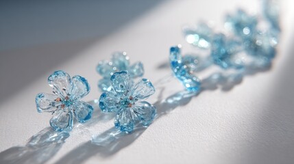 Fototapeta premium Close up of blue floral objects arranged on a reflective white surface