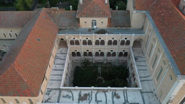 Aerial view of the Monastery of the Silent Ones located in Latrun at the southeastern end of the Ayalon Valley at sunset in Israel