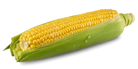 Fresh ear of corn with green husk, isolated on white background