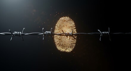 Glowing fingerprint trapped behind menacing barbed wire symbolizing privacy invasion and security threats