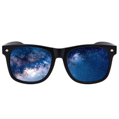 Stylish sunglasses reflecting a vibrant starry galaxy, offering a cosmic perspective.
