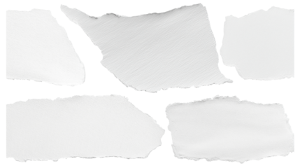 set - collection of torn white paper scrap or different shapes of ripped sheets isolated against a transparent white background ideal for digital collage designs or base for text grunge design element