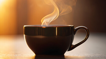 Close-up of a steaming hot beverage in a dark cup illuminated by a warm, golden sunrise or sunset glow