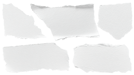 set - collection of torn white paper scrap or different shapes of ripped sheets isolated against a transparent white background ideal for digital collage designs or base for text grunge design element