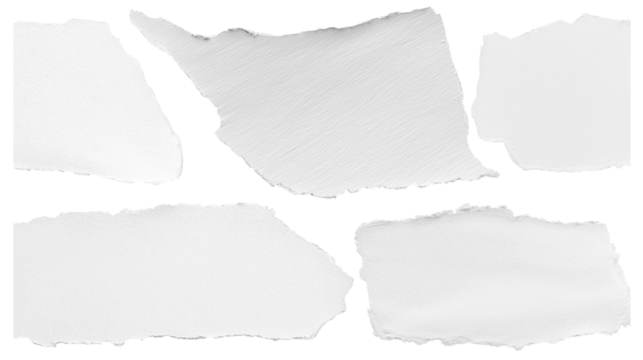 set - collection of torn white paper scrap or different shapes of ripped sheets isolated against a transparent white background ideal for digital collage designs or base for text grunge design element