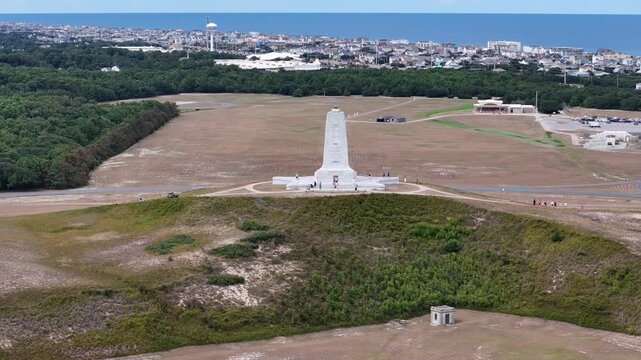 An expansive aerial shot shows a circular road loop around a grassy hill topped by a White Wright Brothers monument, with distant Kill Devil Hills and Outer Banks Coastline under a clear blue sky.