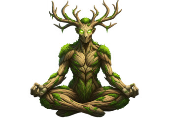 Isolated Forest Guardian in Lotus Position Wood Nymph Mystical Character Creature Sprite