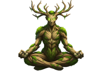 Isolated Forest Guardian in Lotus Position Wood Nymph Mystical Character Creature Sprite
