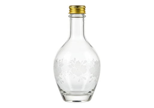 Isolated bottle for cosmetics or essential oil, clear glass, gold cap, floral design, no label