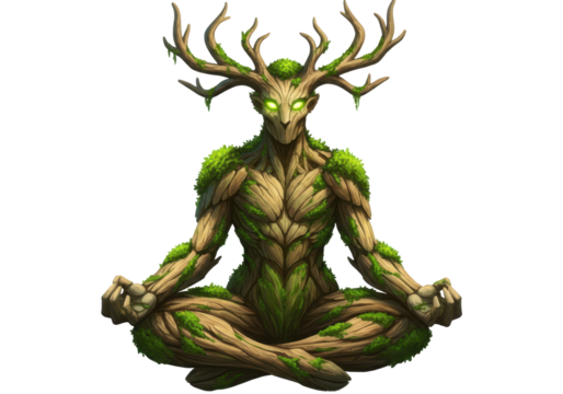 Isolated Forest Guardian in Lotus Position Wood Nymph Mystical Character Creature Sprite
