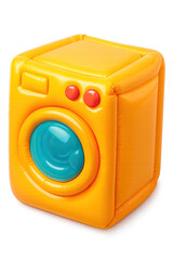 Vibrant 3D rendered inflatable toy washing machine, glossy orange and yellow with a playful teal blue door and red buttons, embodying a cheerful, modern design for kids' play or digital art projects,