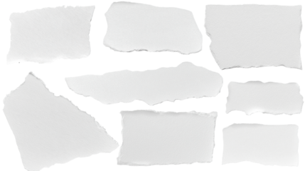 set - collection of torn white paper scrap or different shapes of ripped sheets isolated against a transparent white background ideal for digital collage designs or base for text grunge design element