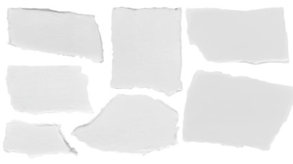 set - collection of torn white paper scrap or different shapes of ripped sheets isolated against a transparent white background ideal for digital collage designs or base for text grunge design element