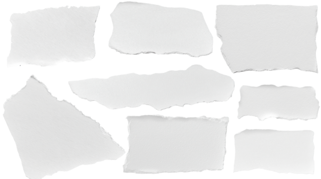 set - collection of torn white paper scrap or different shapes of ripped sheets isolated against a transparent white background ideal for digital collage designs or base for text grunge design element