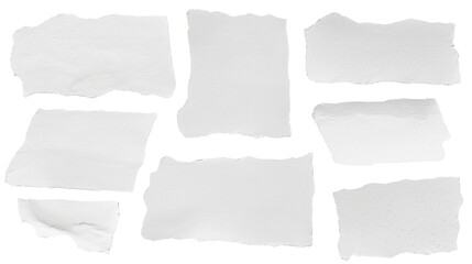 set - collection of torn white paper scrap or different shapes of ripped sheets isolated against a transparent white background ideal for digital collage designs or base for text grunge design element