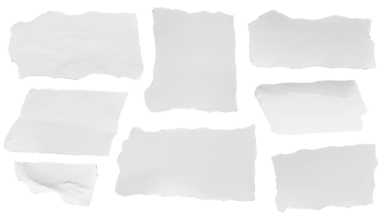 set - collection of torn white paper scrap or different shapes of ripped sheets isolated against a transparent white background ideal for digital collage designs or base for text grunge design element