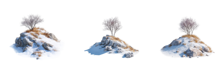Snow-Covered Rocky Hills With Bare Trees Set. Winter Landscape And Nature Collection Isolated On Transparent Background