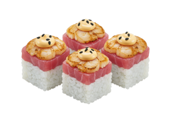 Isolated, appealing sushi rolls with tuna, seared scallops, sauce, and sesame seeds