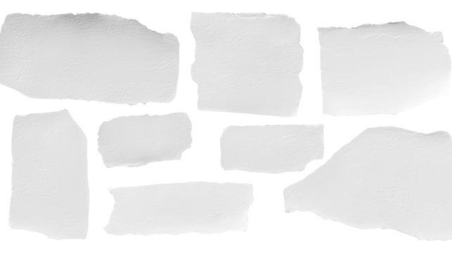 set - collection of torn white paper scrap or different shapes of ripped sheets isolated against a transparent white background ideal for digital collage designs or base for text grunge design element