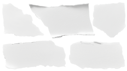 set - collection of torn white paper scrap or different shapes of ripped sheets isolated against a transparent white background ideal for digital collage designs or base for text grunge design element