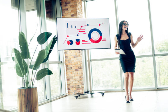 Businesswoman presenting financial data during a work meeting in a modern office environment with charts and graphs on display.
