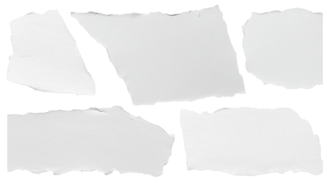 set - collection of torn white paper scrap or different shapes of ripped sheets isolated against a transparent white background ideal for digital collage designs or base for text grunge design element - Powered by Adobe