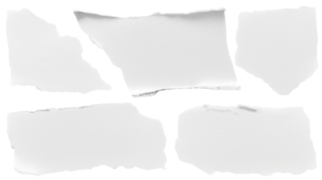 set - collection of torn white paper scrap or different shapes of ripped sheets isolated against a transparent white background ideal for digital collage designs or base for text grunge design element