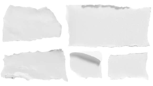 set - collection of torn white paper scrap or different shapes of ripped sheets isolated against a transparent white background ideal for digital collage designs or base for text grunge design element