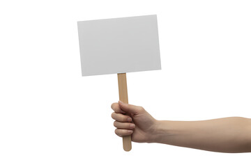 Hand holding a blank white sign on a wooden stick, isolated on white background