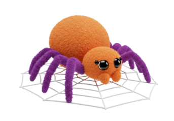 Adorable cartoon spider with big eyes and fuzzy orange body sits on a detailed white web, perfect for Halloween or children's projects bringing playful charm and whimsical delight to any design.