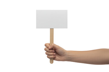 Hand holding a blank white sign on a stick, isolated on white background