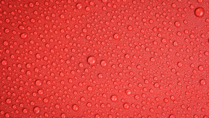 Water drops on a red background. Textured surface for design or text. Top view. Free space.
