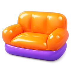 Eye-catching plush orange and vibrant purple armchair, rendered in a shiny, inflated 3D style with soft ambient lighting. Perfect for whimsical home decor, children's room concepts, modern minimalist