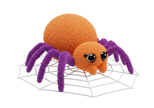 Adorable cartoon spider with big eyes and fuzzy orange body sits on a detailed white web, perfect for Halloween or children's projects bringing playful charm and whimsical delight to any design. - Powered by Adobe