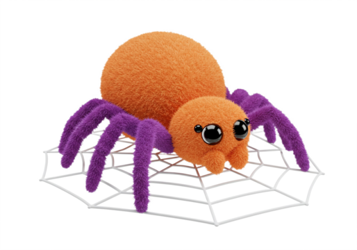 Adorable cartoon spider with big eyes and fuzzy orange body sits on a detailed white web, perfect for Halloween or children's projects bringing playful charm and whimsical delight to any design.