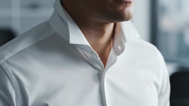 A man meticulously adjusts the collar and buttons of his crisp white dress shirt.
