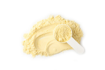 Protein powder. A scoop of protein powder isolated on a white background. Different flavors of whey protein powder. Sports nutrition concept. Gym. Amino acid food supplement, creatine powder. 