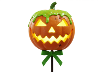 Spooky glowing jack o lantern with dripping slime and a festive green bow, perfect for haunted house decor and festive Halloween celebrations