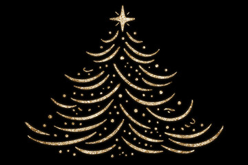 Golden Christmas Tree with Stars on Black Background