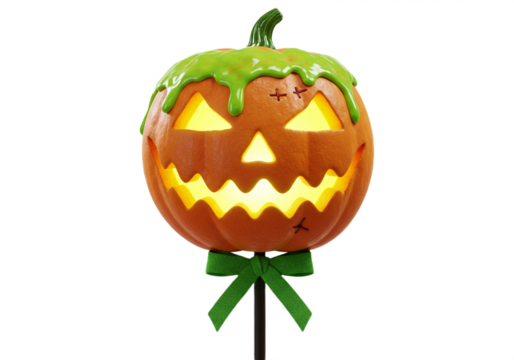 Spooky glowing jack o lantern with dripping slime and a festive green bow, perfect for haunted house decor and festive Halloween celebrations