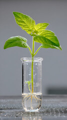 Plant Growing in Test Tube with Roots, Hydroponic Science Experiment, Botanical Research and Lab Cultivation