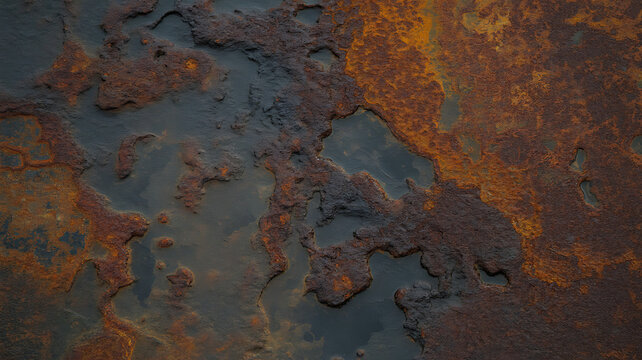 Closeup texture of weathered, rusted metal with orange and dark gray patches - Powered by Adobe