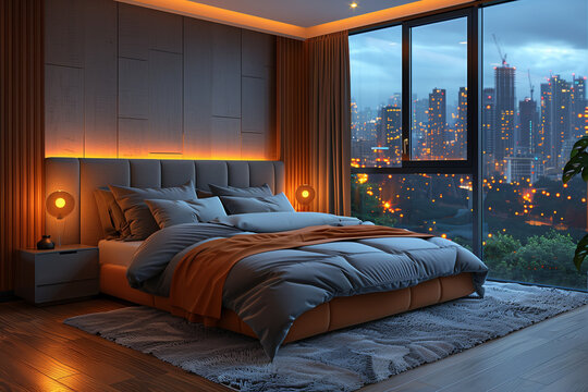 This trendy bedroom showcases a luxurious king bed adorned with soft, layered linens. The large windows reveal a beautiful cityscape, illuminated by evening lights, creating a cozy atmosphere