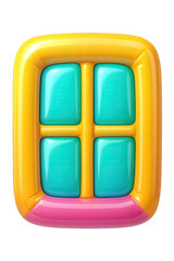 Delightful Glossy Cartoon Window Icon with Luminous Teal Panes, a Bold Yellow Rounded Frame, and a Sweet Pink Base, Radiating a Cheerful and Playful Aesthetic, Ideal for UI/UX Design, Educational Apps