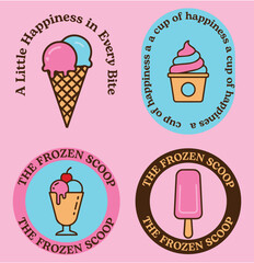 A collection of ice cream themed logos and graphics on a pink background with text elements vector
