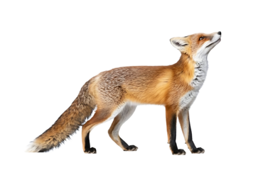 Side view of a Red fox looking up, two years old, isolated on white