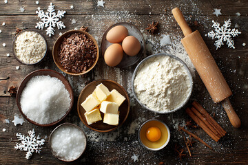 Whip up holiday magic with festive baking ingredients, sugar, flour, butter, eggs, chocolate chips, and cinnamon sticks ready for creation